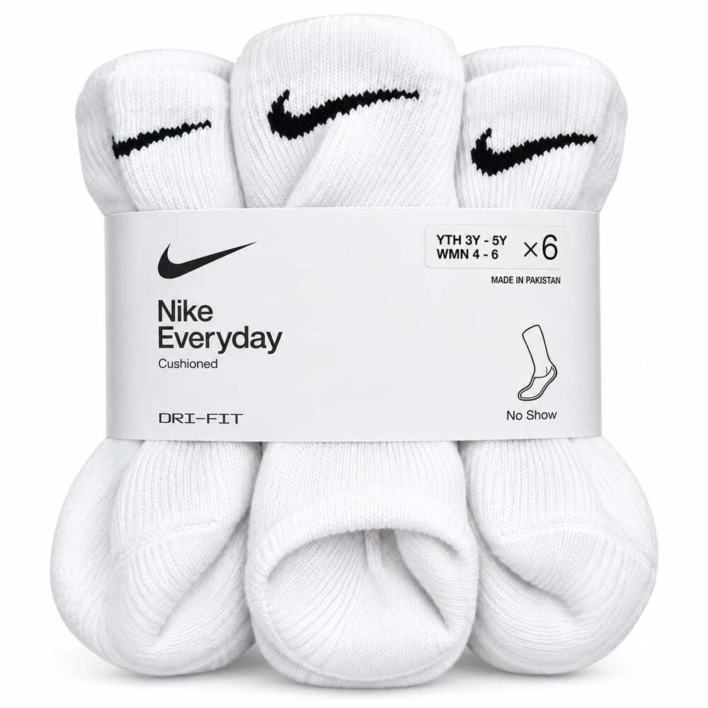 Nike Everyday Cushioned No Show Socks Size Yth 3Y-5Y Wmn 4-6 White 6-Pack